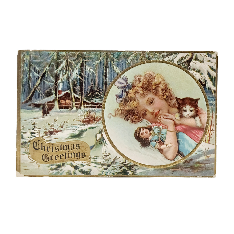 Christmas Postcard Child Holding Kitten & Doll Snow Covered Cabin Gold Embossed