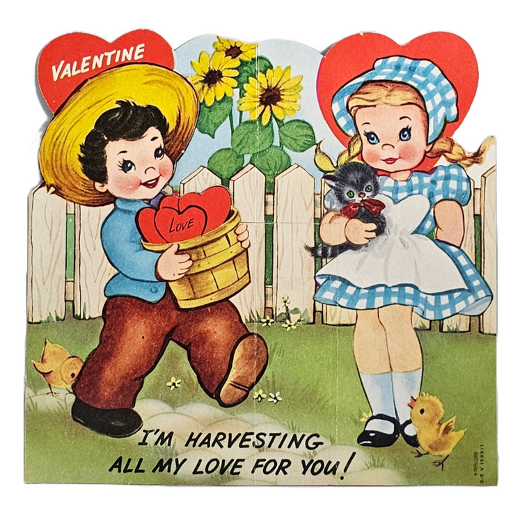 Larger Sized 7x7 Die Cut Valentine Card Farmer Boy Harvesting Hearts in Basket & Girl Holding Kitten