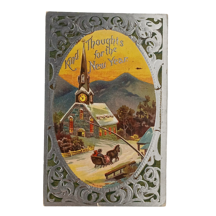 Vintage New Year's card with a church, clock, and sleigh on a yellow background