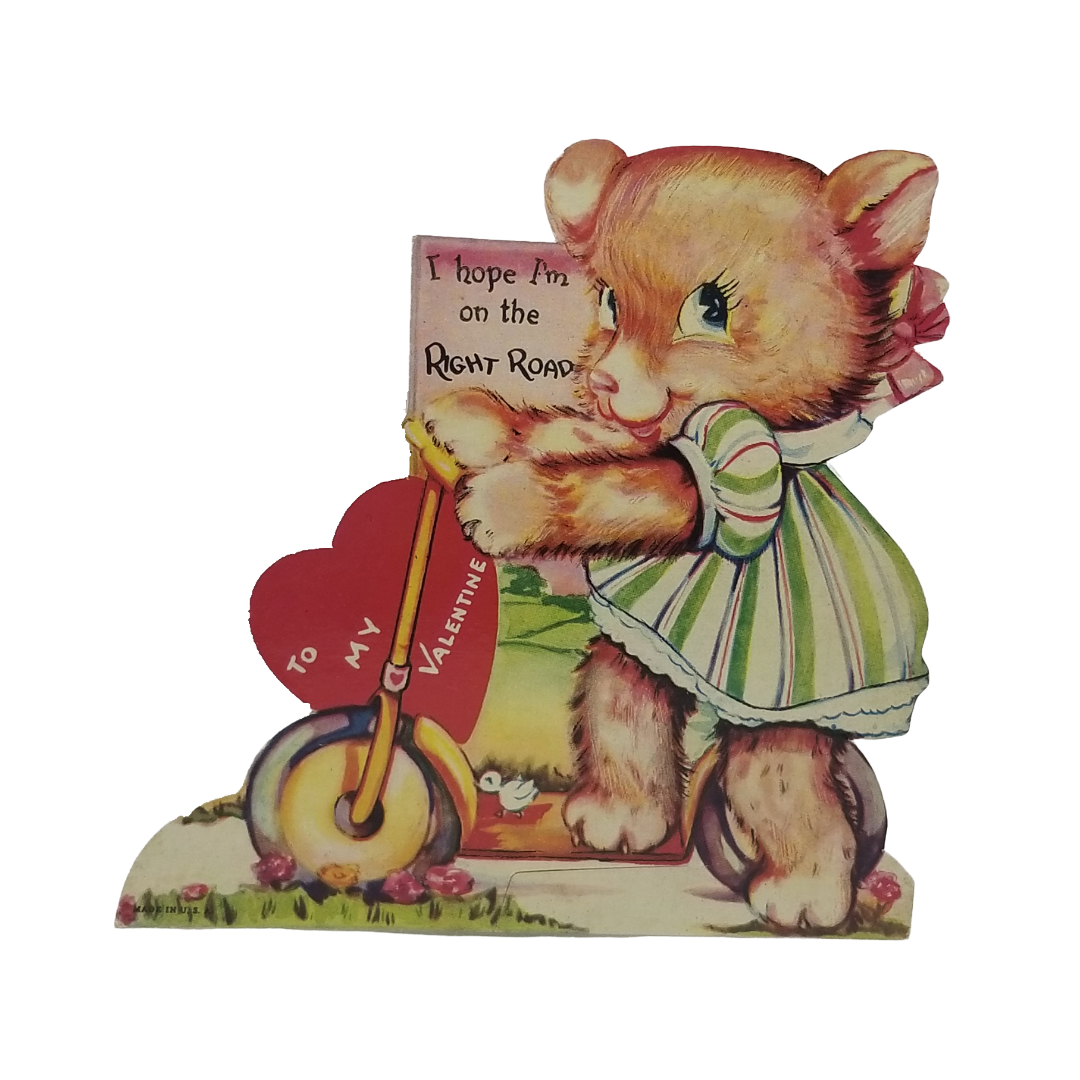Vintage Valentine Die Cut Baby Girl Bear Riding Scooter "On the Right Road"