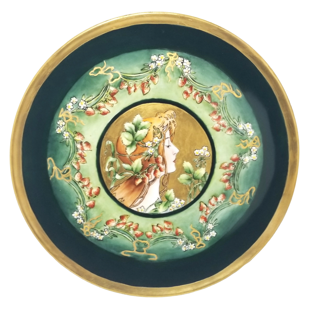 limoges art nouveau portait plaque with an image of Alfonse Mucha's summer.