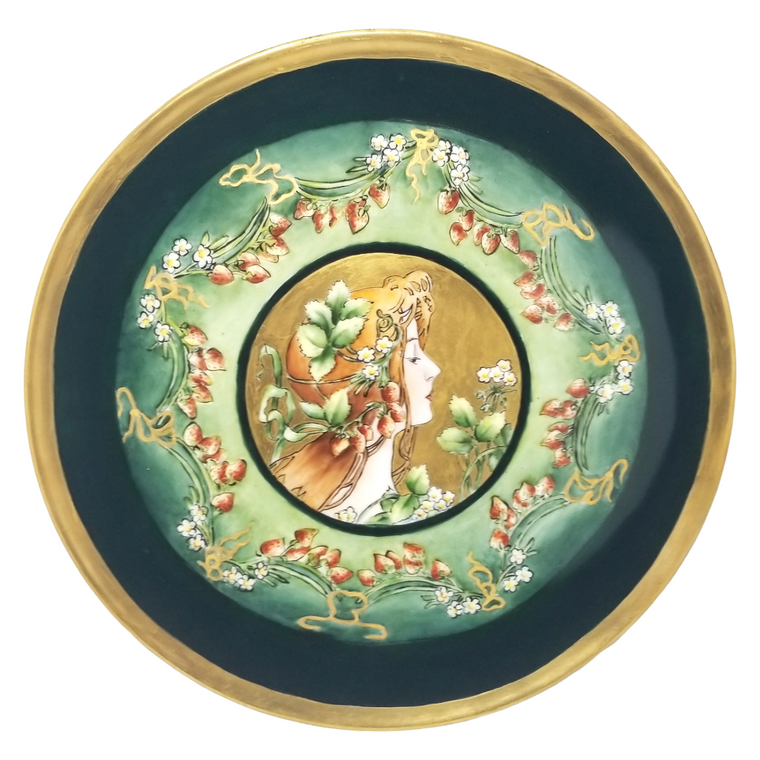 limoges art nouveau portait plaque with an image of Alfonse Mucha's summer.