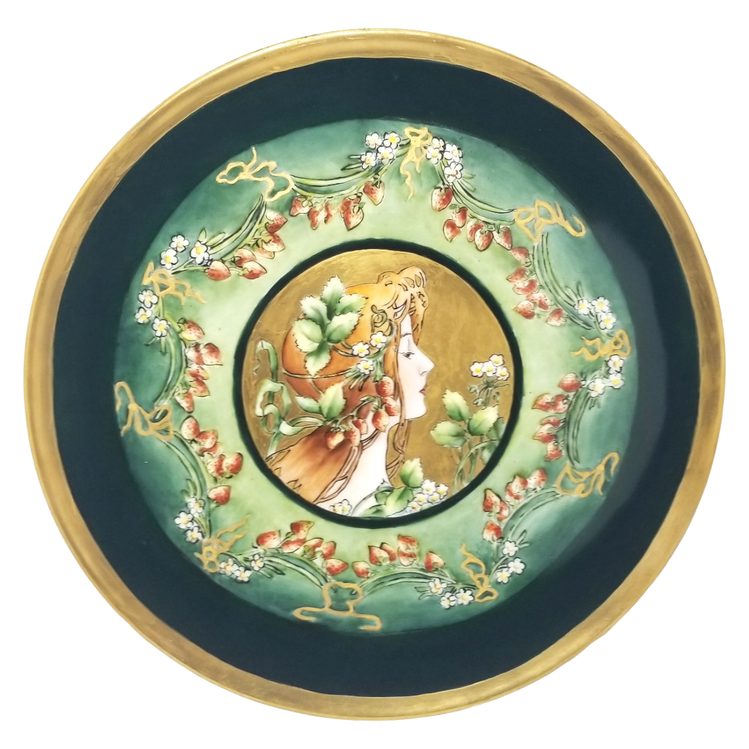 limoges art nouveau portait plaque with an image of Alfonse Mucha's summer.
