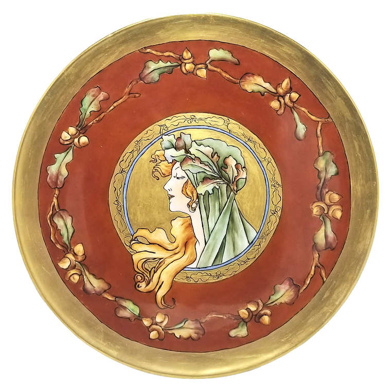 Antique T&V Limoges French Porcelain Charger Plate | Art Nouveau Alphonse Mucha Autumn Harvest Goddess Portrait Plaque
