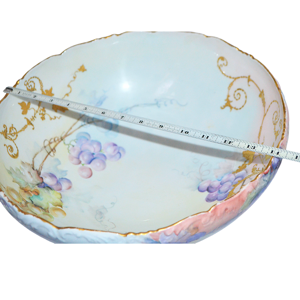 Antique T&V Limoges Hand Painted Grapes Punch Bowl - 14.25" Centerpiece, Dated 1899