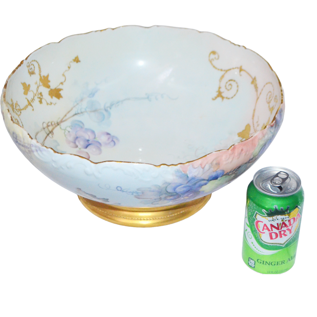 Antique T&V Limoges Hand Painted Grapes Punch Bowl - 14.25" Centerpiece, Dated 1899