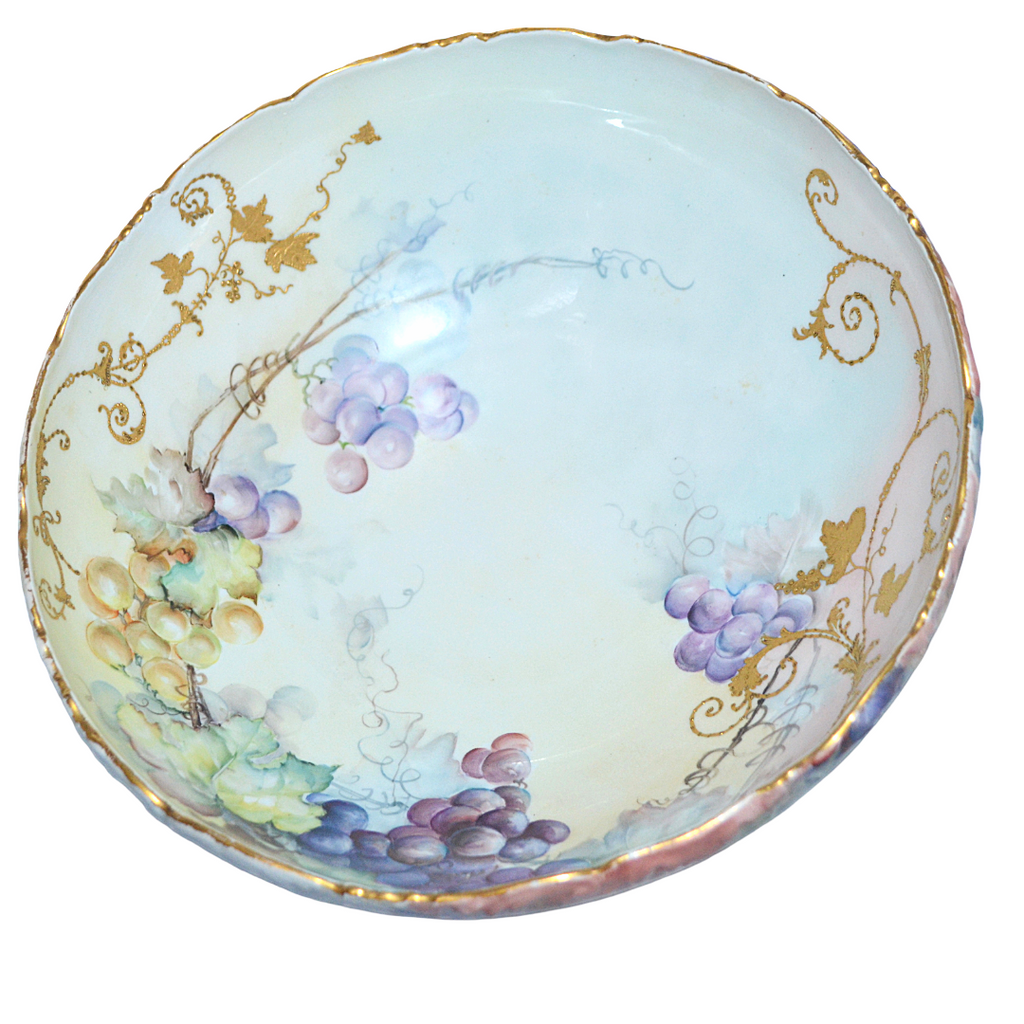 Antique T&V Limoges Hand Painted Grapes Punch Bowl - 14.25" Centerpiece, Dated 1899
