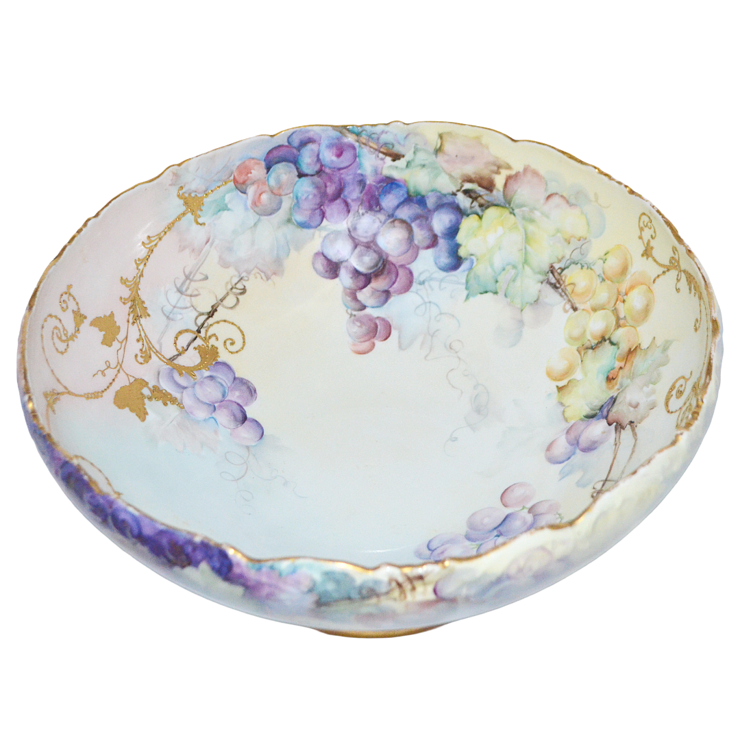 Antique T&V Limoges Hand Painted Grapes Punch Bowl - 14.25" Centerpiece, Dated 1899