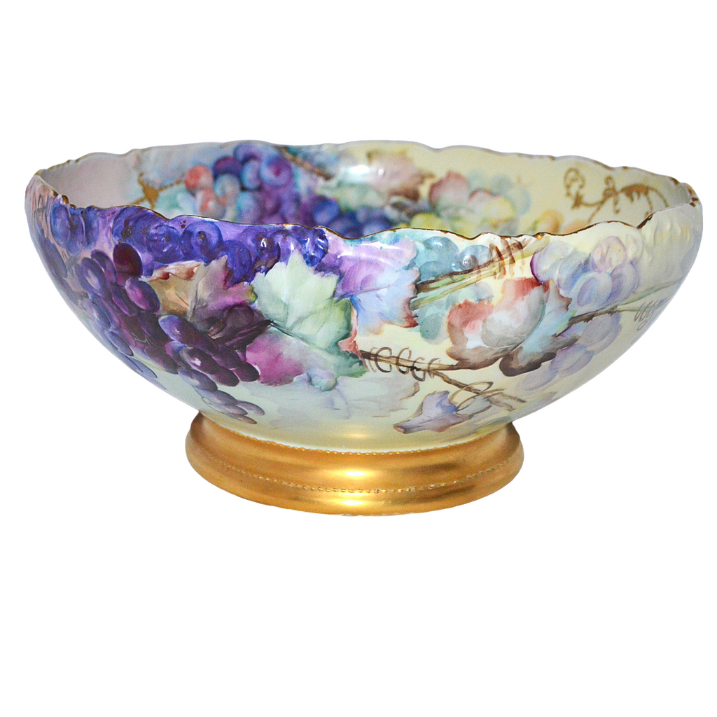 Antique T&V Limoges Hand Painted Grapes Punch Bowl - 14.25" Centerpiece, Dated 1899