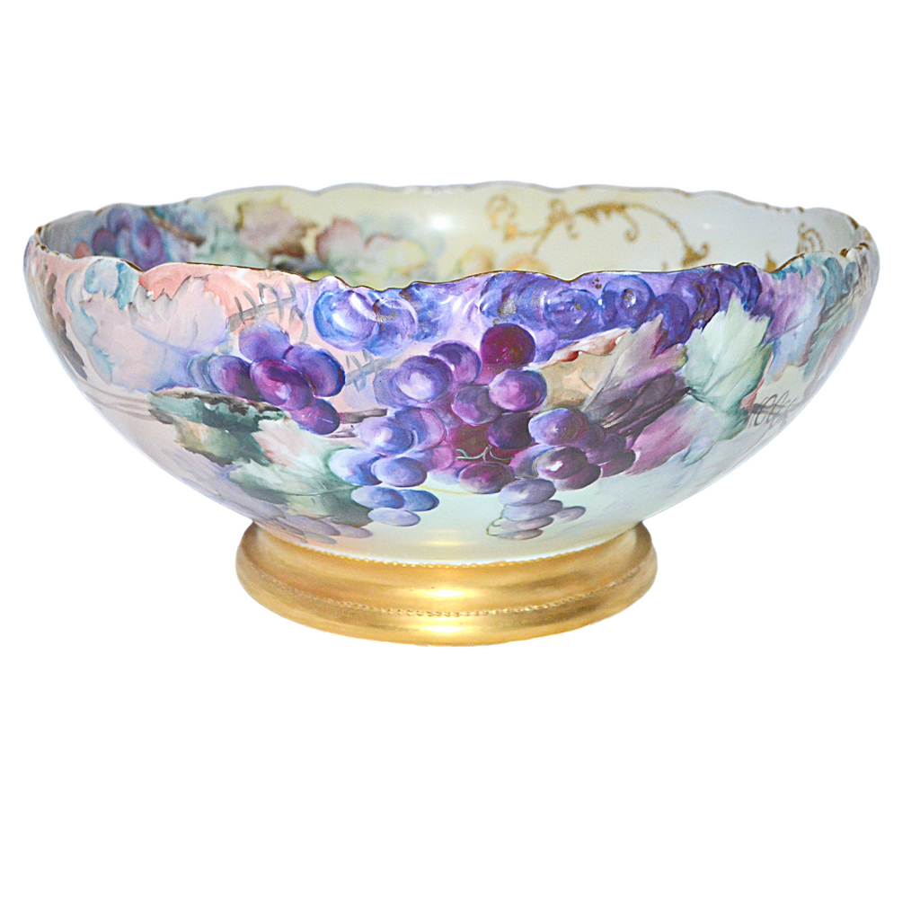 Antique T&V Limoges Hand Painted Grapes Punch Bowl - 14.25" Centerpiece, Dated 1899