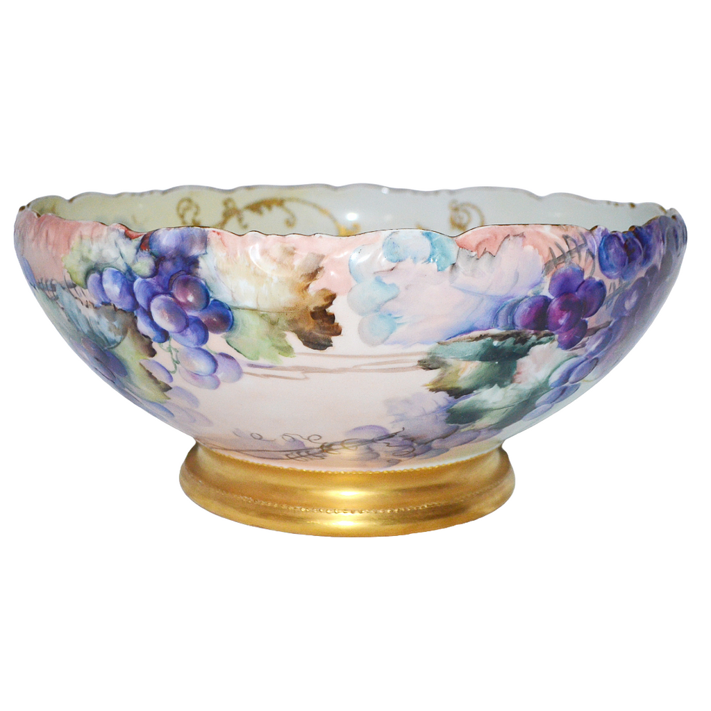 Antique T&V Limoges Hand Painted Grapes Punch Bowl - 14.25" Centerpiece, Dated 1899