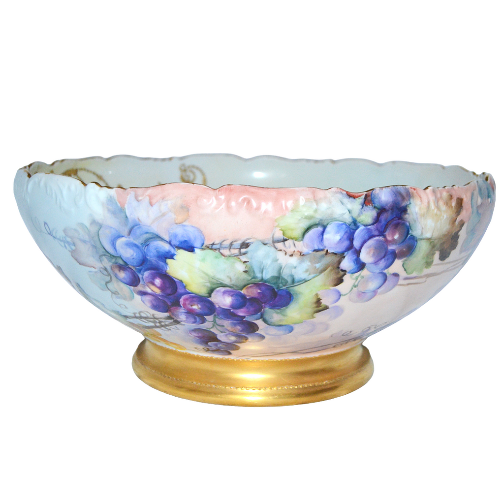 Antique T&V Limoges Hand Painted Grapes Punch Bowl - 14.25" Centerpiece, Dated 1899