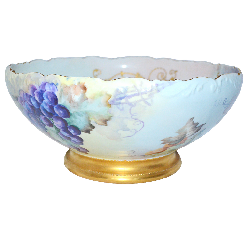 Antique T&V Limoges Hand Painted Grapes Punch Bowl - 14.25" Centerpiece, Dated 1899