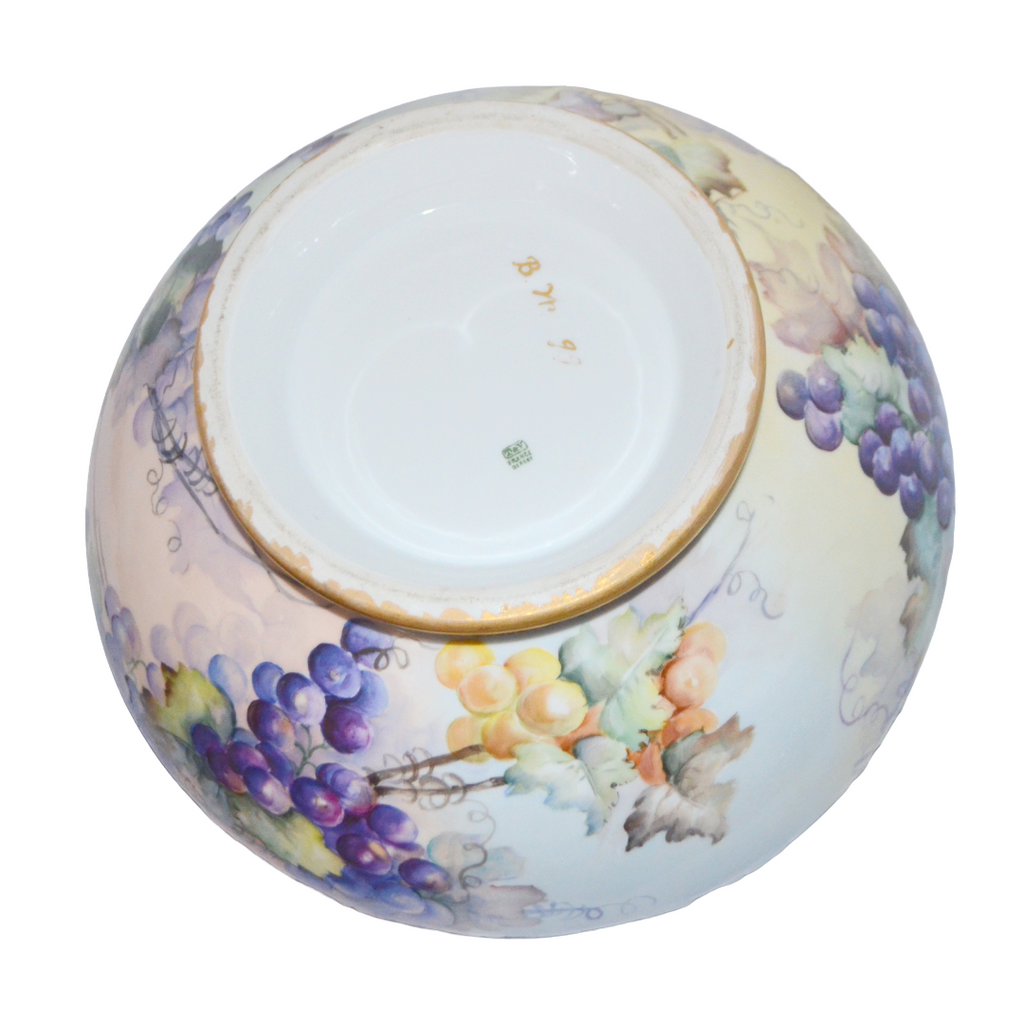 Antique T&V Limoges Hand Painted Grapes Punch Bowl - 14.25" Centerpiece, Dated 1899