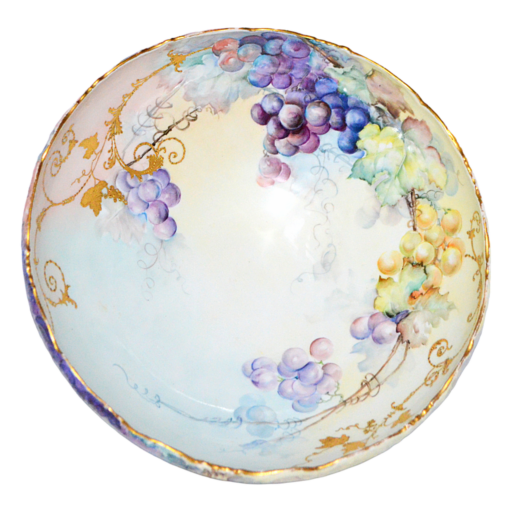 Antique T&V Limoges Hand Painted Grapes Punch Bowl - 14.25" Centerpiece, Dated 1899