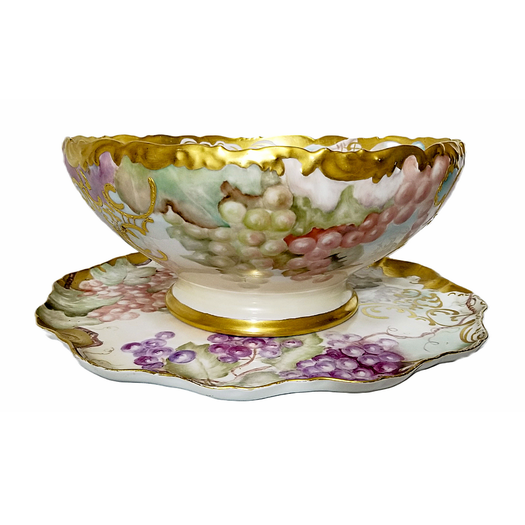 Antique Limoges Porcelain Hand Painted Grapes Punch Bowl with Underplate