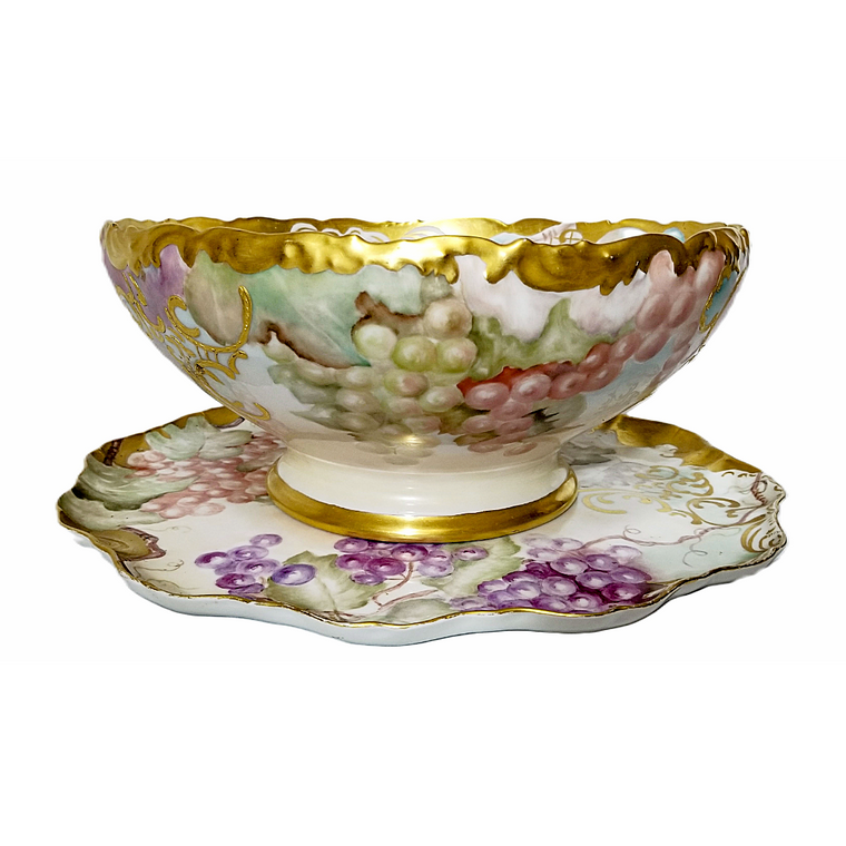 Antique Limoges Porcelain Hand Painted Grapes Punch Bowl with Underplate