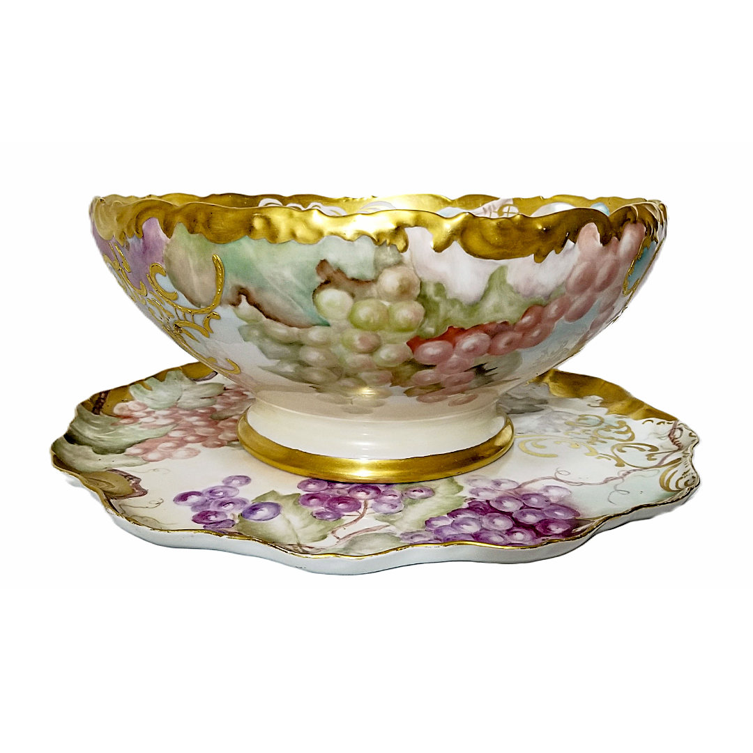 Antique Limoges Porcelain Hand Painted Grapes Punch Bowl with Underplate