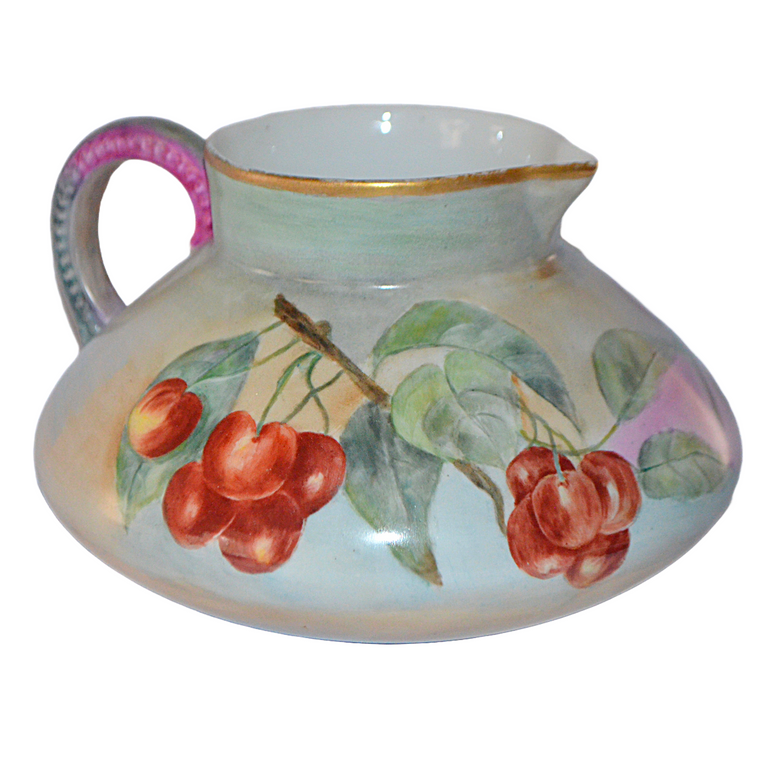 Antique Jean Pouyat Limoges Porcelain Pitcher - Galois Style Hand-Painted Cherry Decor