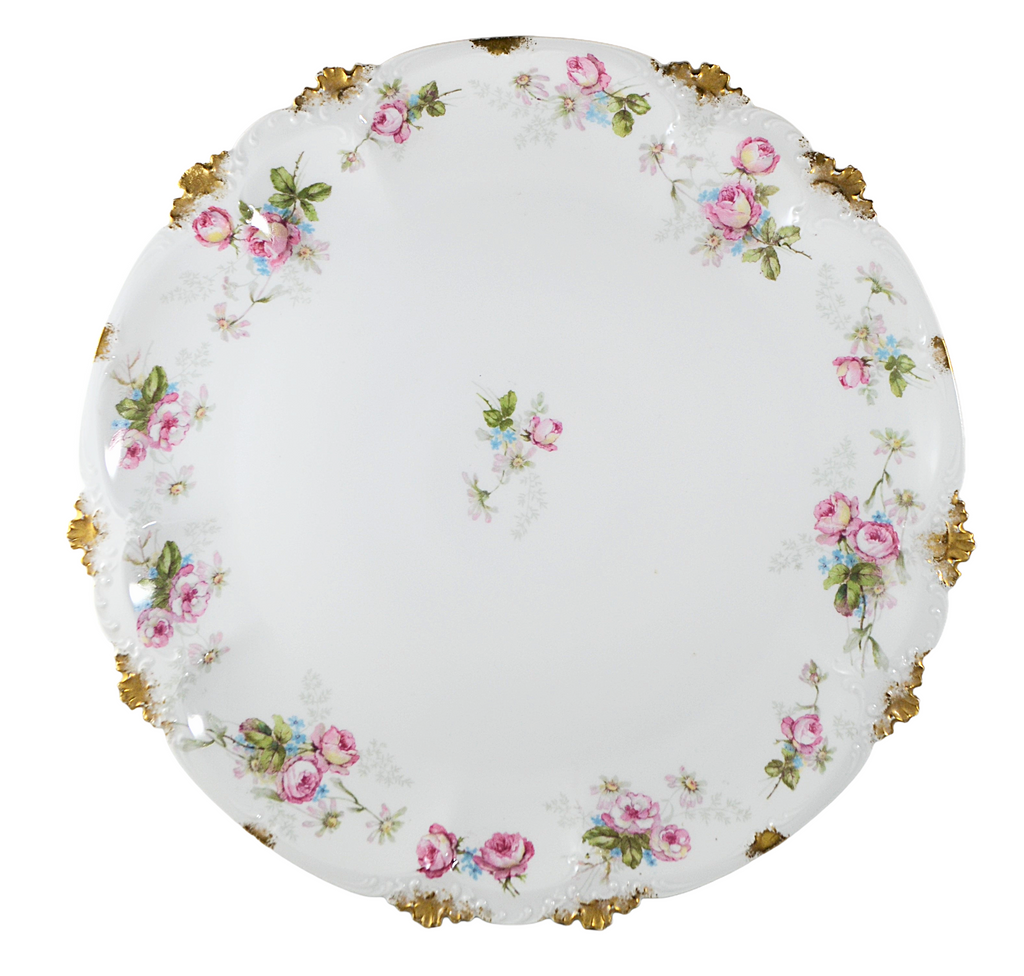 Antique Limoges French Porcelain Charger Plate - Hand-Painted Art Nouveau Pink Roses with Gold Trim