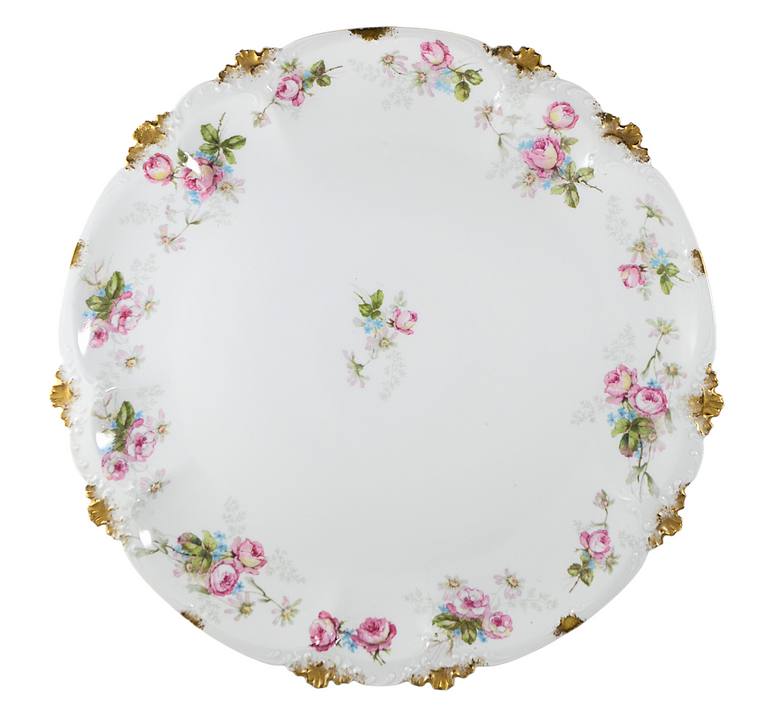 Antique Limoges French Porcelain Charger Plate - Hand-Painted Art Nouveau Pink Roses with Gold Trim