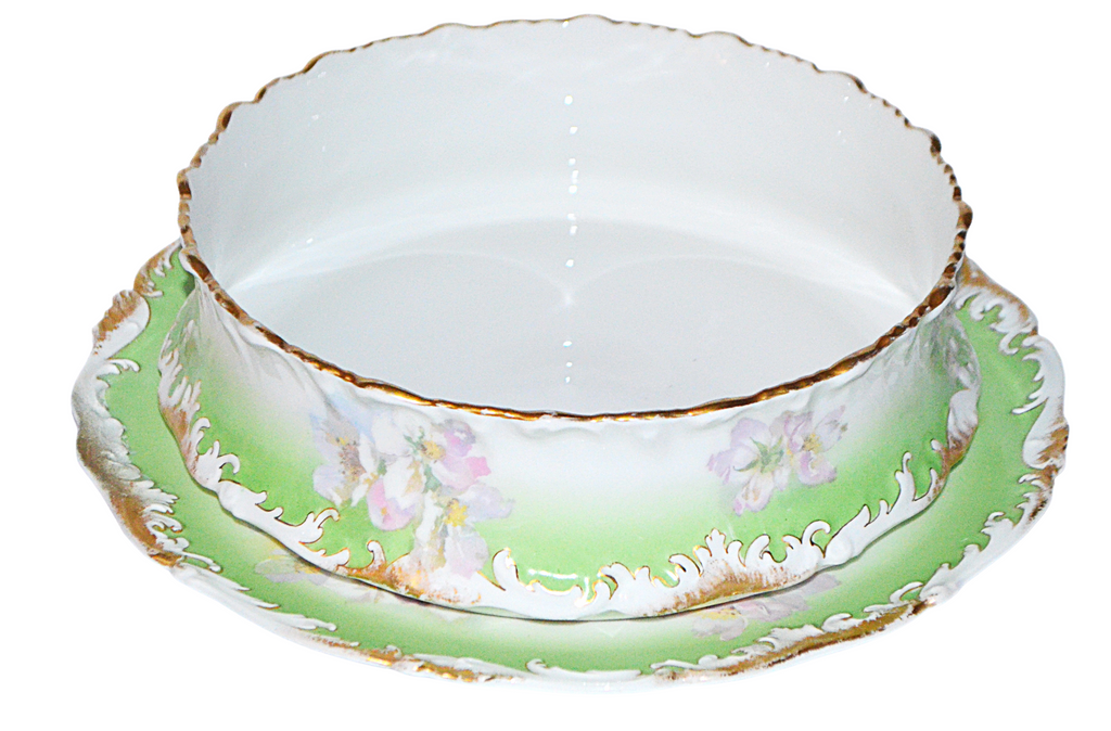 Antique Limoges Porcelain Pudding Bowl & Under Plate Set - Hand Painted T&V, Late Victorian Era
