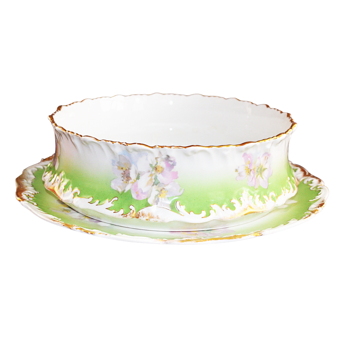 Antique Limoges Porcelain Pudding Bowl & Under Plate Set - Hand Painted T&V, Late Victorian Era