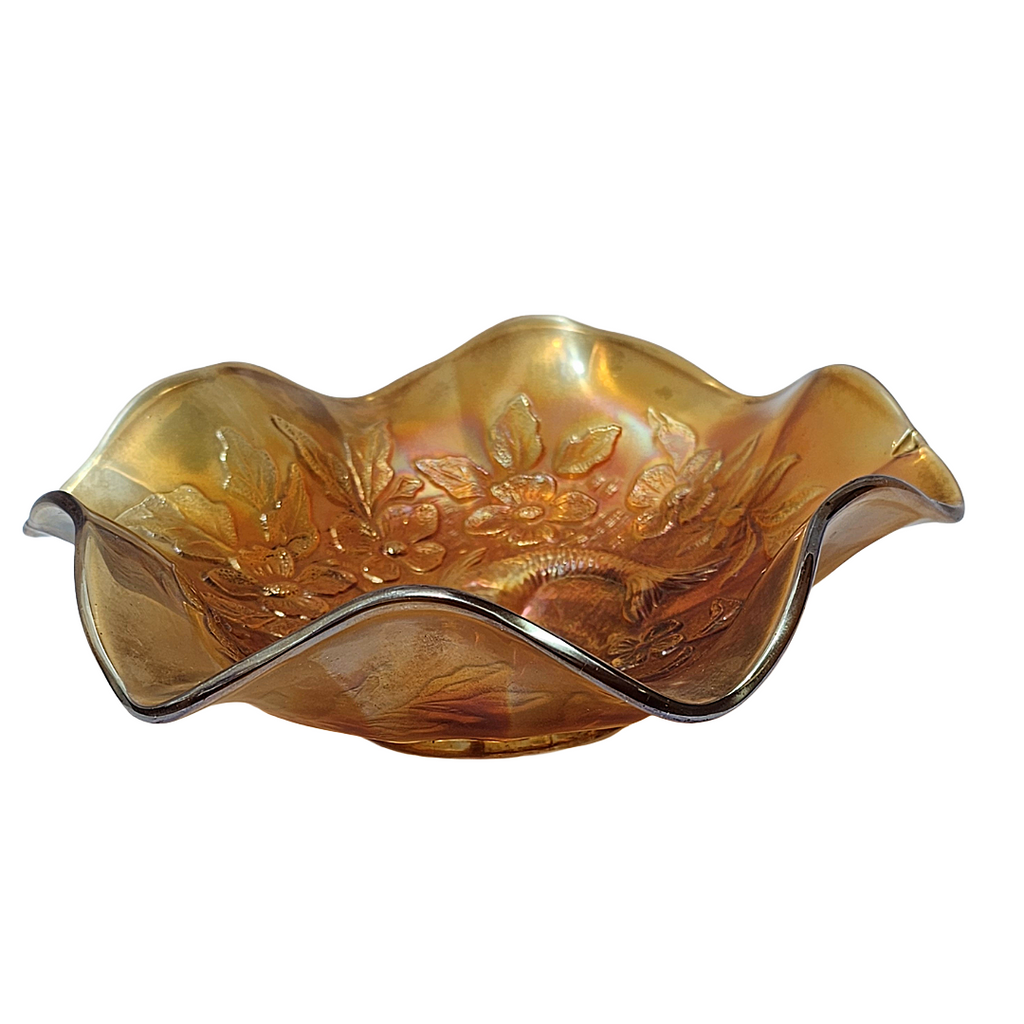 Antique Millersburg Trout and Fly Marigold Radium Finish Carnival Glass Bowl