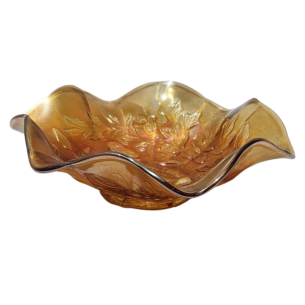 Antique Millersburg Trout and Fly Marigold Radium Finish Carnival Glass Bowl