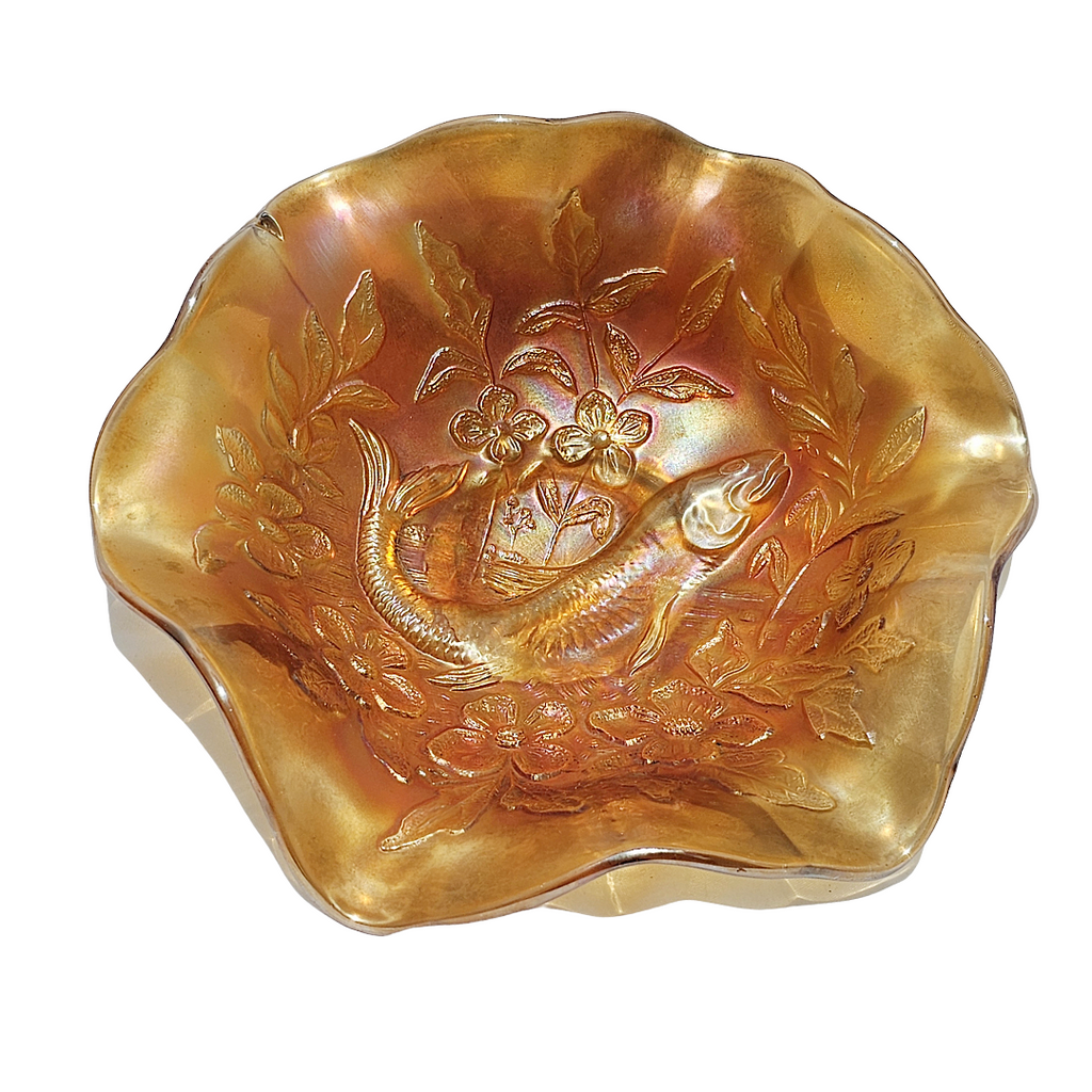 Antique Millersburg Trout and Fly Marigold Radium Finish Carnival Glass Bowl