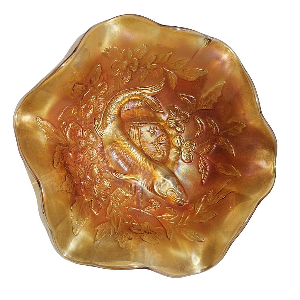 Antique Millersburg Trout and Fly Marigold Radium Finish Carnival Glass Bowl