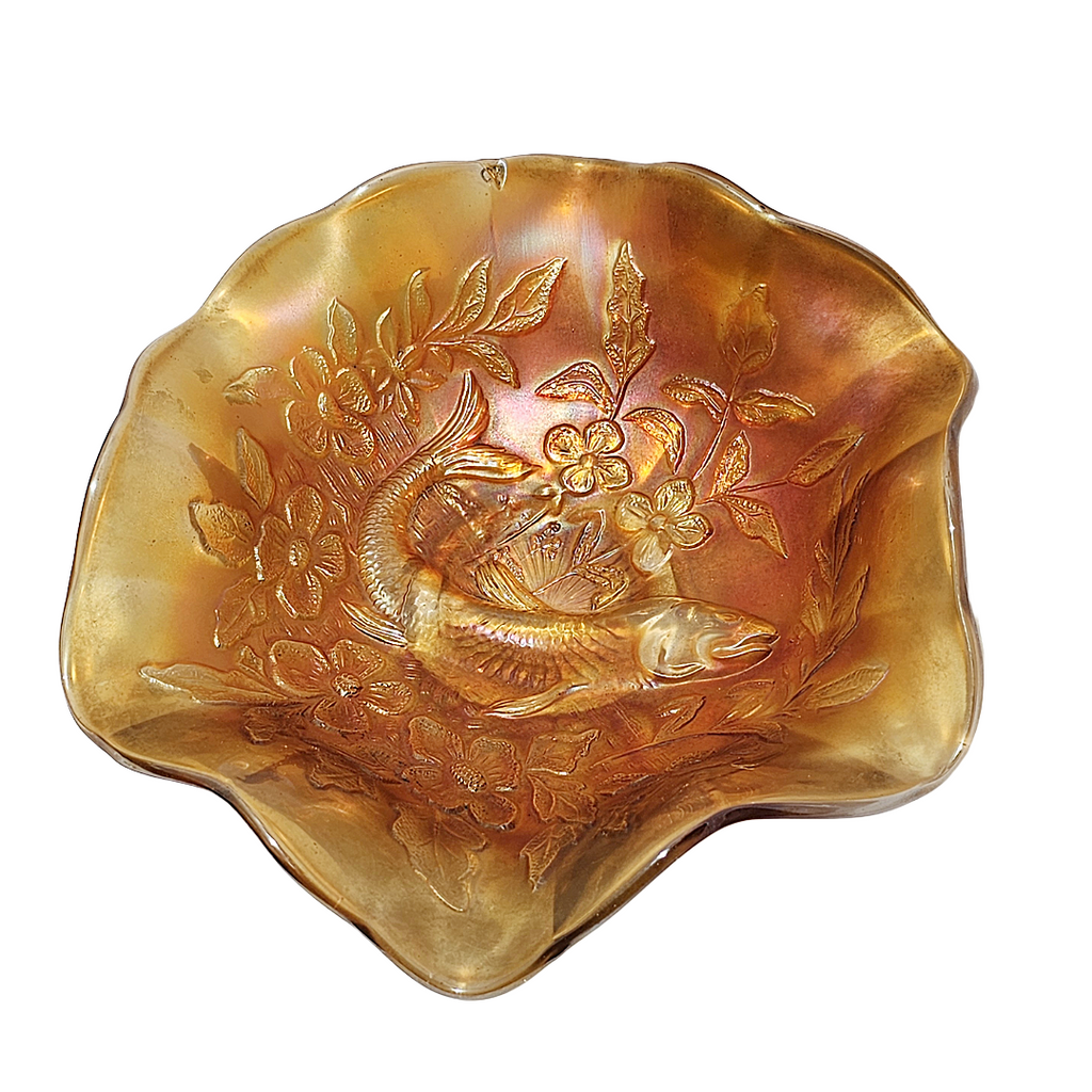 Antique Millersburg Trout and Fly Marigold Radium Finish Carnival Glass Bowl