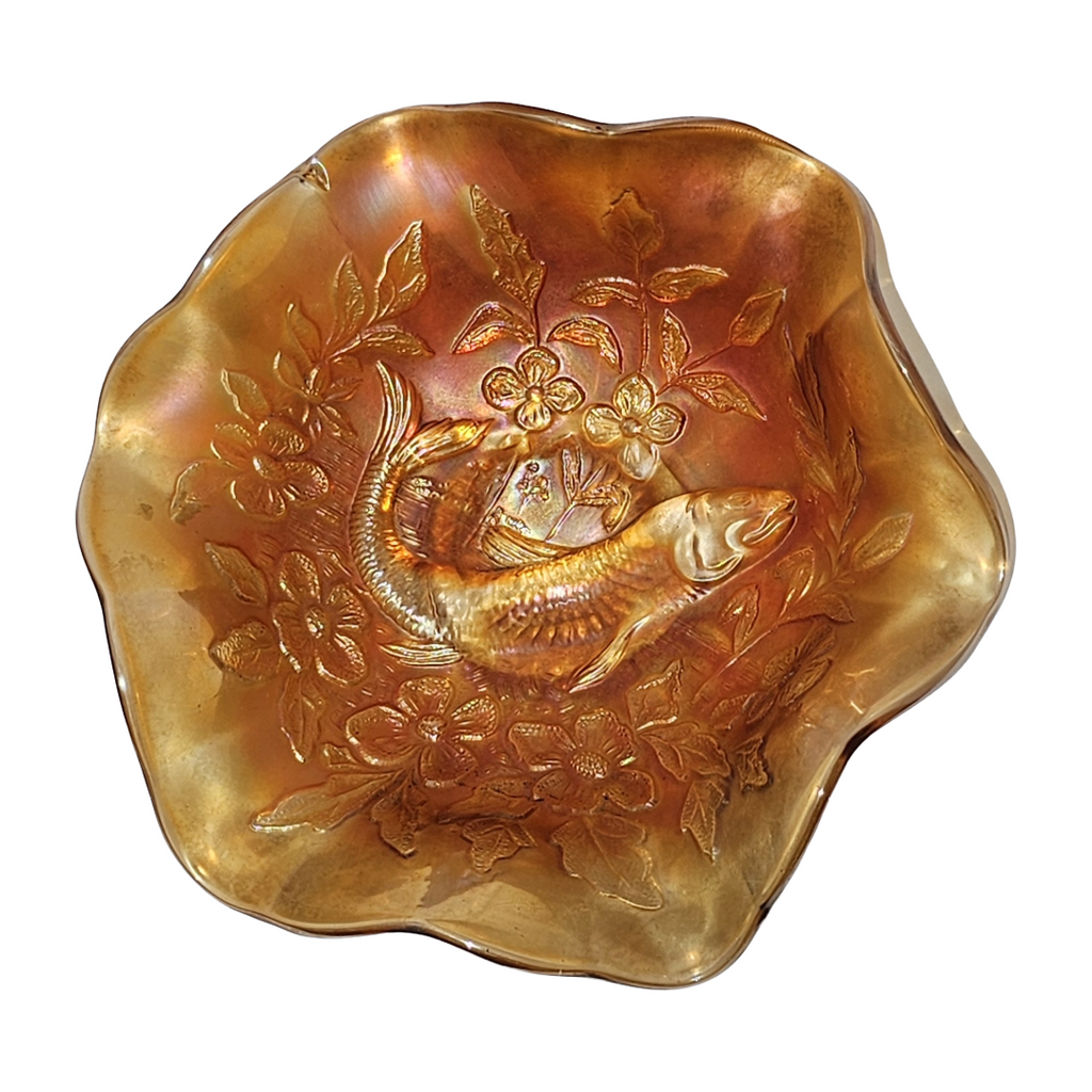 Antique Millersburg Trout and Fly Marigold Radium Finish Carnival Glass Bowl