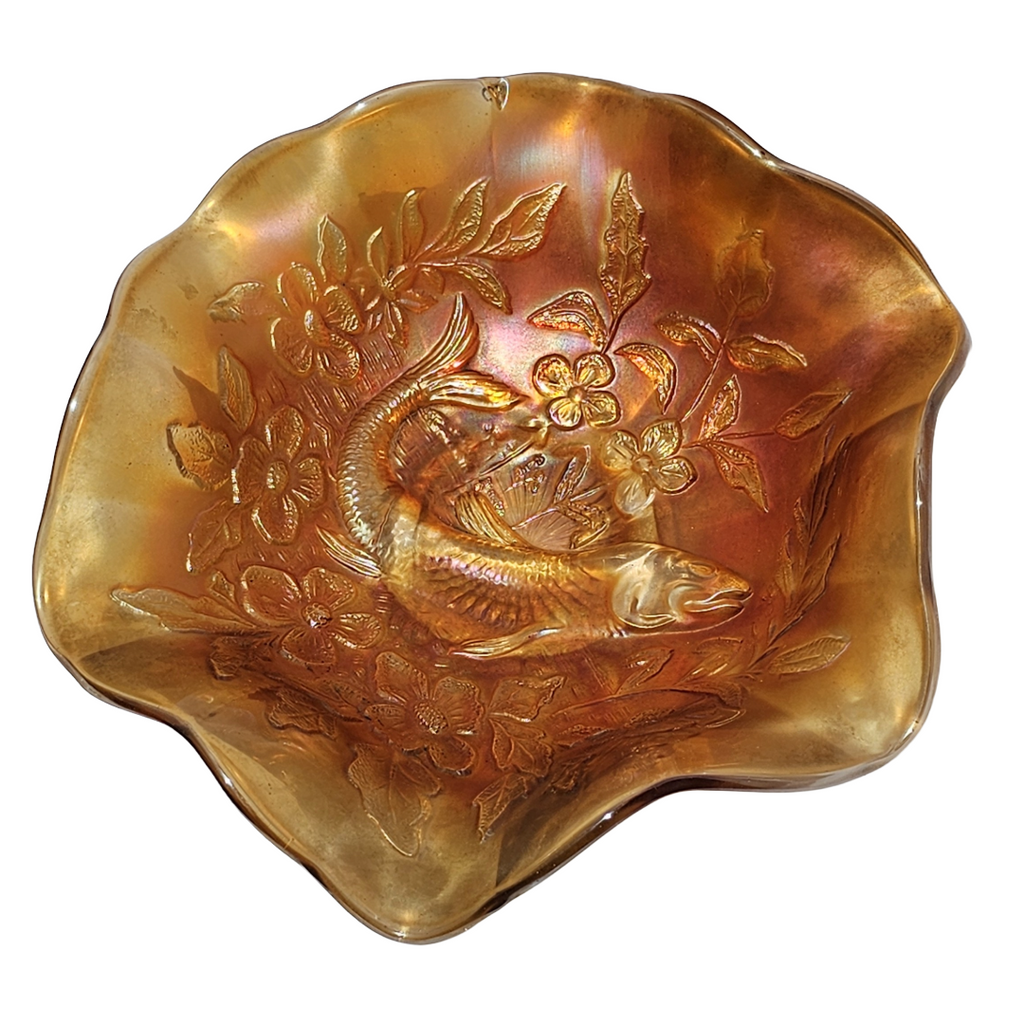 Antique Millersburg Trout and Fly Marigold Radium Finish Carnival Glass Bowl