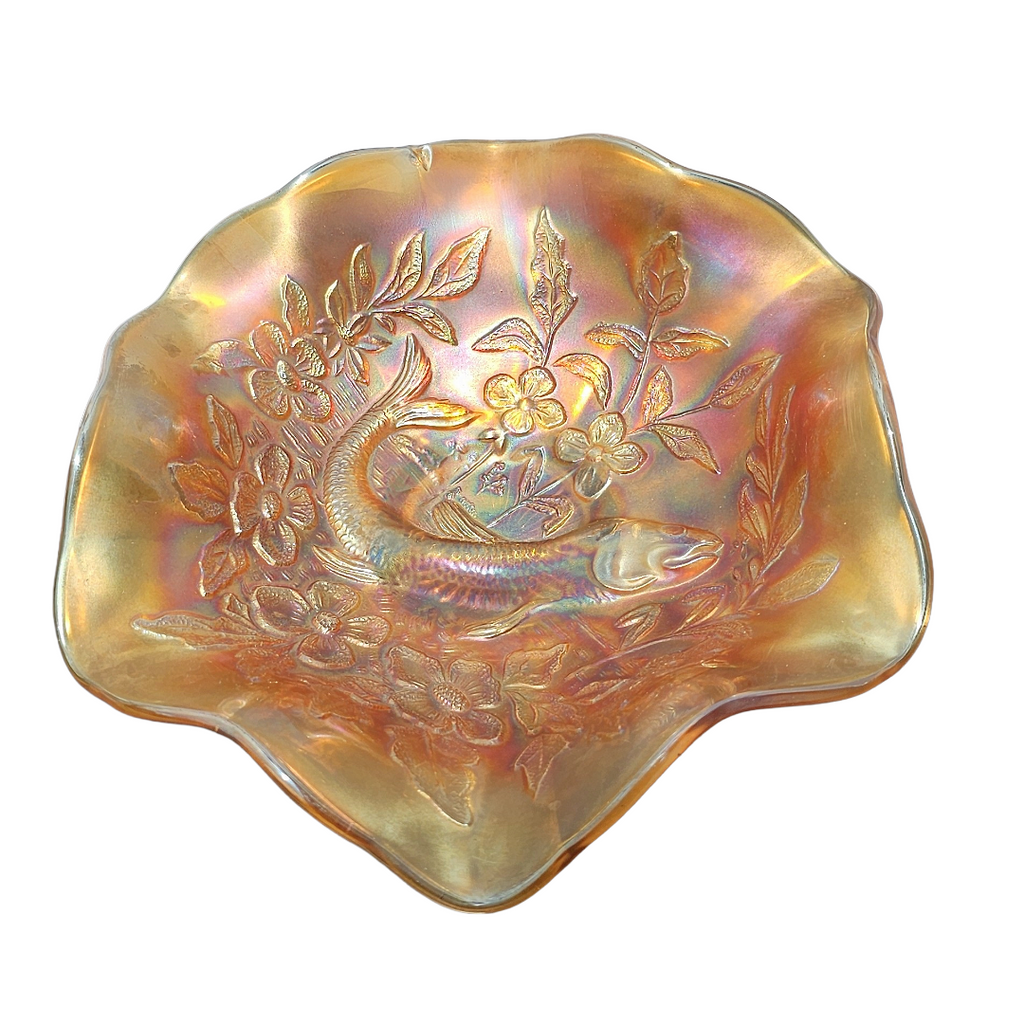 millersburg trout fly carnival glass bowl with radium finish
