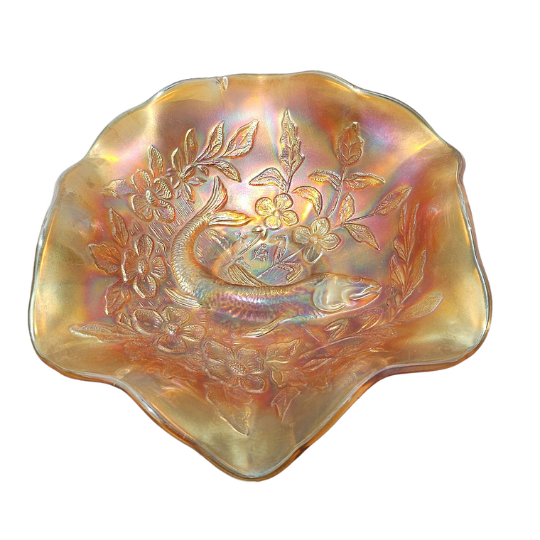 millersburg trout fly carnival glass bowl with radium finish