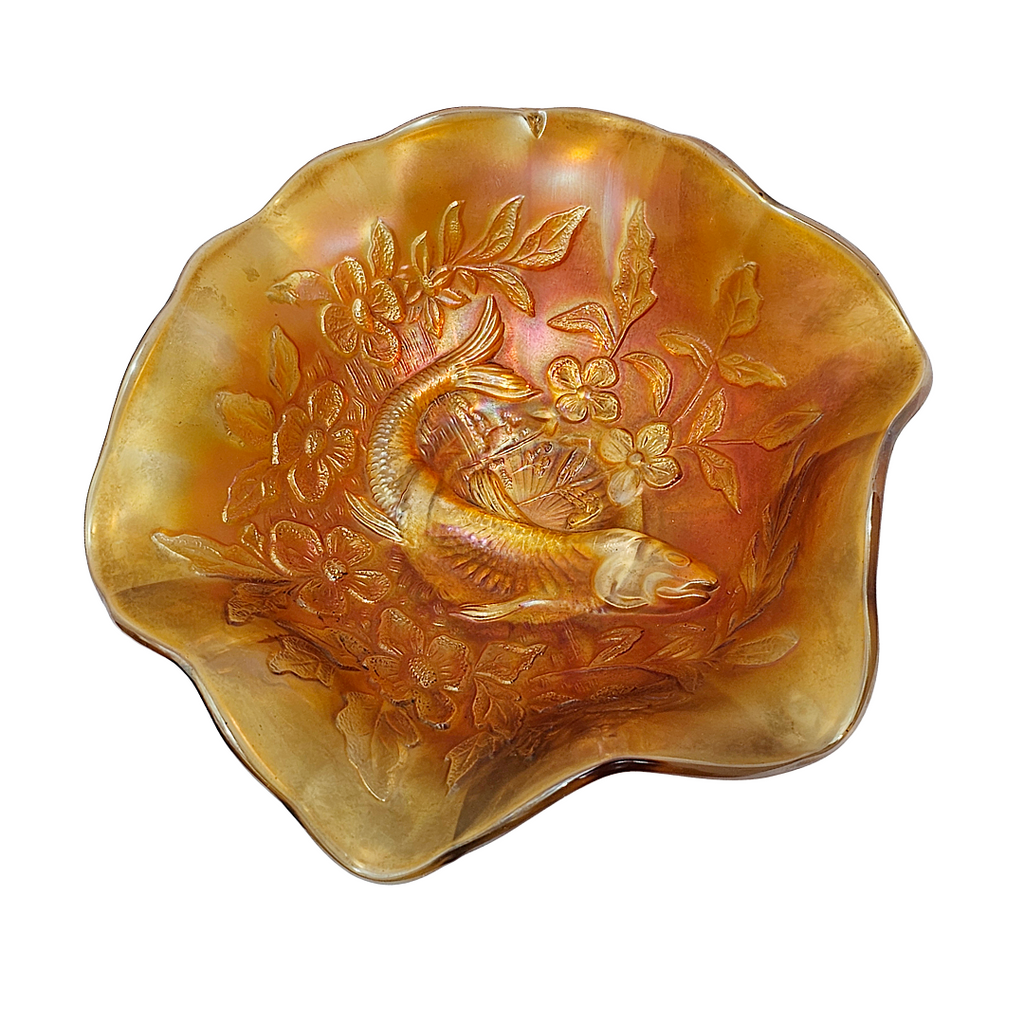 Antique Millersburg Trout and Fly Marigold Radium Finish Carnival Glass Bowl