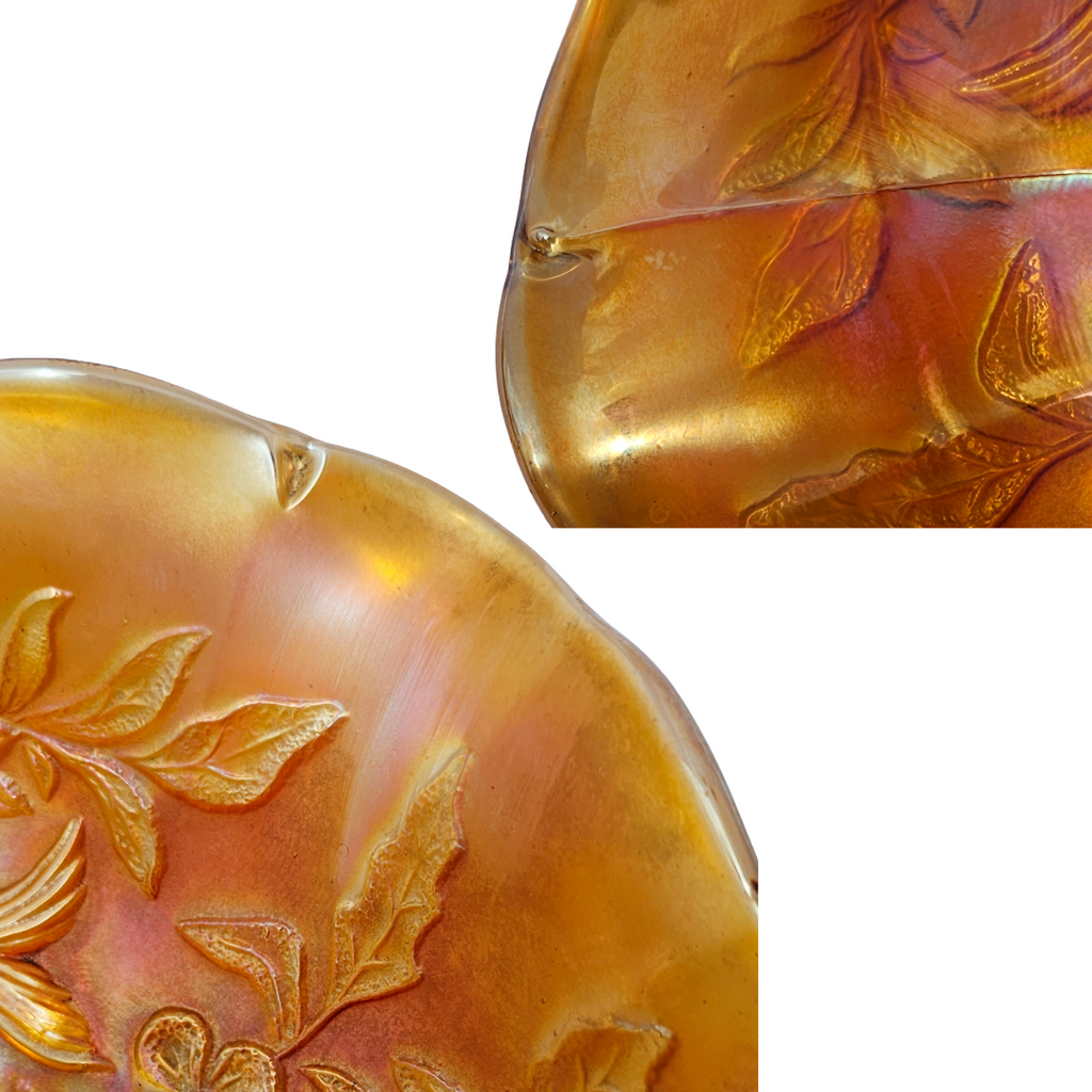 Antique Millersburg Trout and Fly Marigold Radium Finish Carnival Glass Bowl