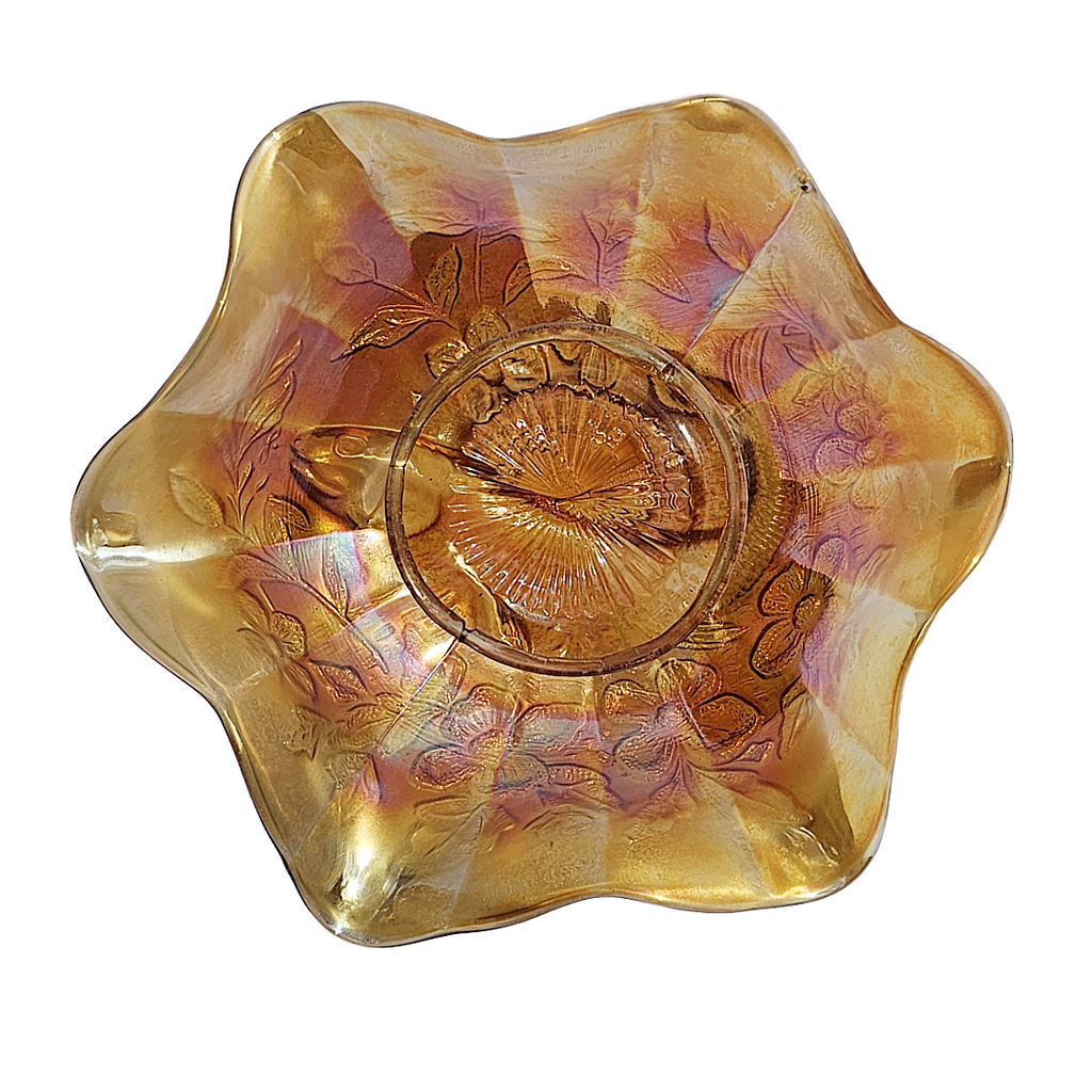 Antique Millersburg Trout and Fly Marigold Radium Finish Carnival Glass Bowl