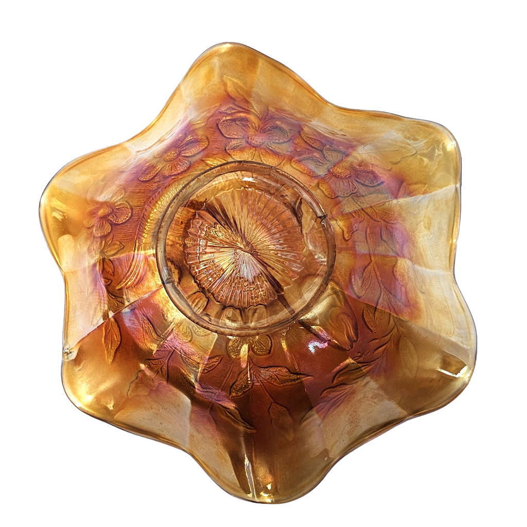 Antique Millersburg Trout and Fly Marigold Radium Finish Carnival Glass Bowl