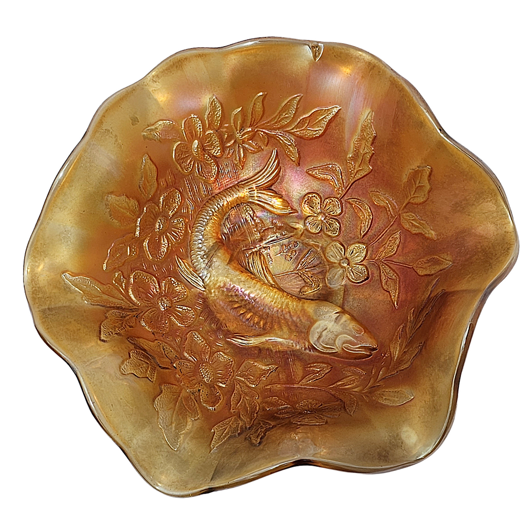 Antique Millersburg Trout and Fly Marigold Radium Finish Carnival Glass Bowl