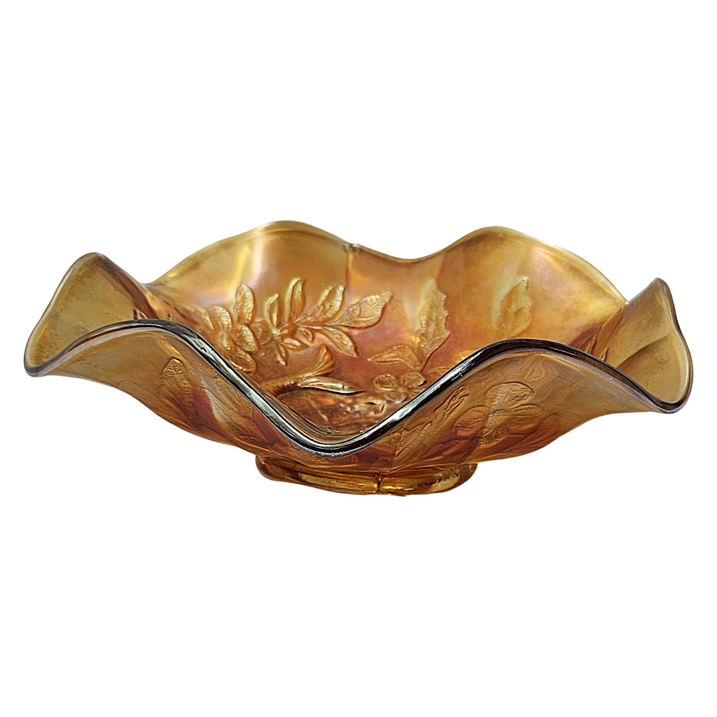 Antique Millersburg Trout and Fly Marigold Radium Finish Carnival Glass Bowl