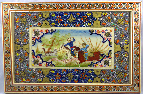 Artist Signed Khatam Persian Mosaic Miniature Painting Hunting Scene