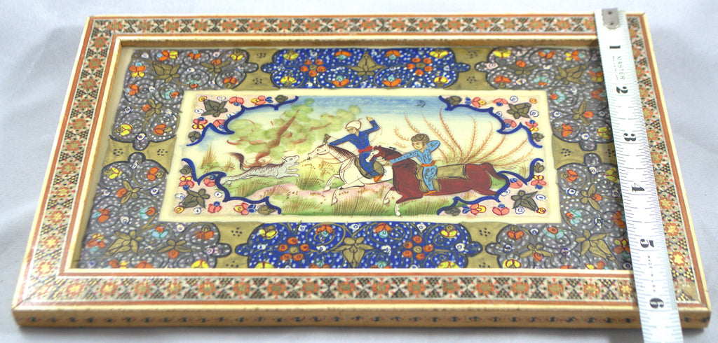 Artist Signed Khatam Persian Mosaic Miniature Painting Hunting Scene