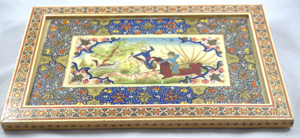 Artist Signed Khatam Persian Mosaic Miniature Painting Hunting Scene