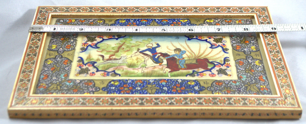Artist Signed Khatam Persian Mosaic Miniature Painting Hunting Scene