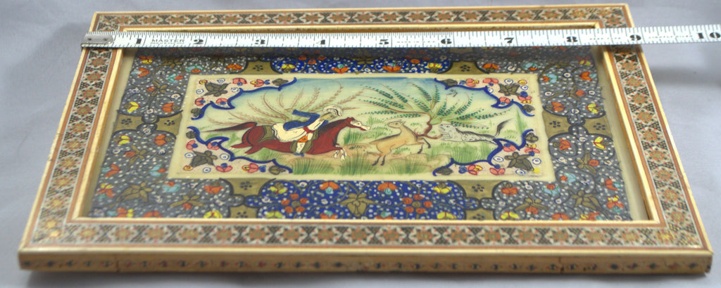 Artist Signed RL Khatam Persian Mosaic Miniature Painting Hunting Scene