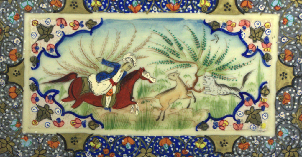 Artist Signed RL Khatam Persian Mosaic Miniature Painting Hunting Scene