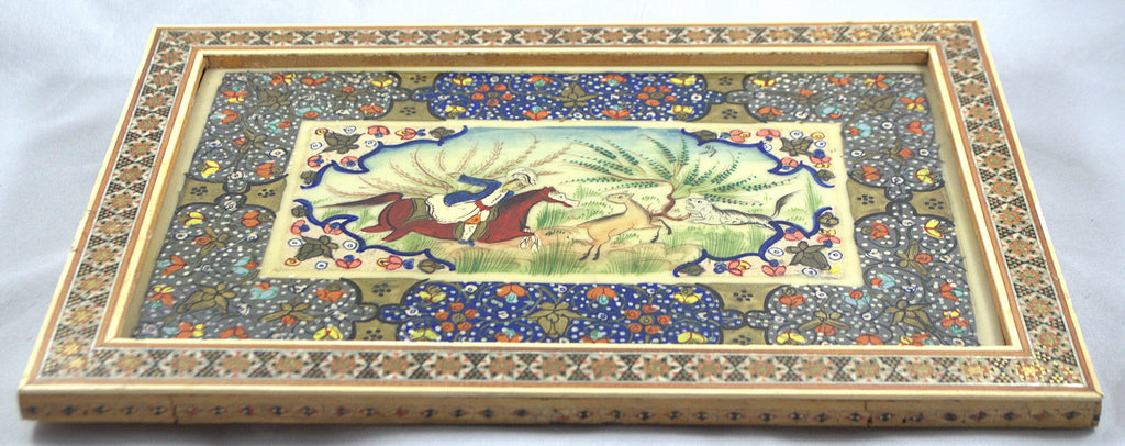 Artist Signed RL Khatam Persian Mosaic Miniature Painting Hunting Scene