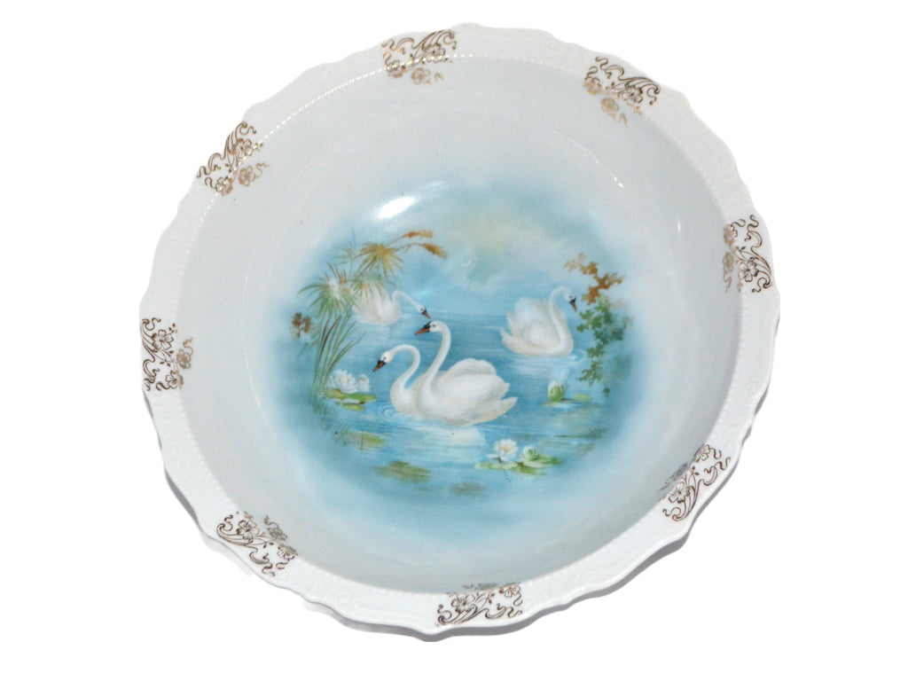 Large Antique Bavarian Porcelain Scenic Bowl Swan Birds on Lake